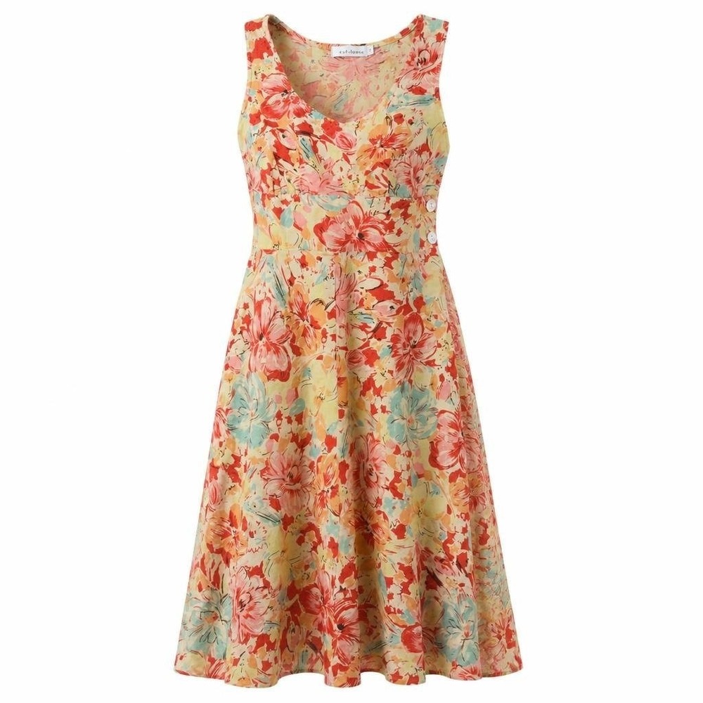 VTG Cut Loose Dress Womens XS Floral 100% Linen Sleeveless Coastal Resort Beachy